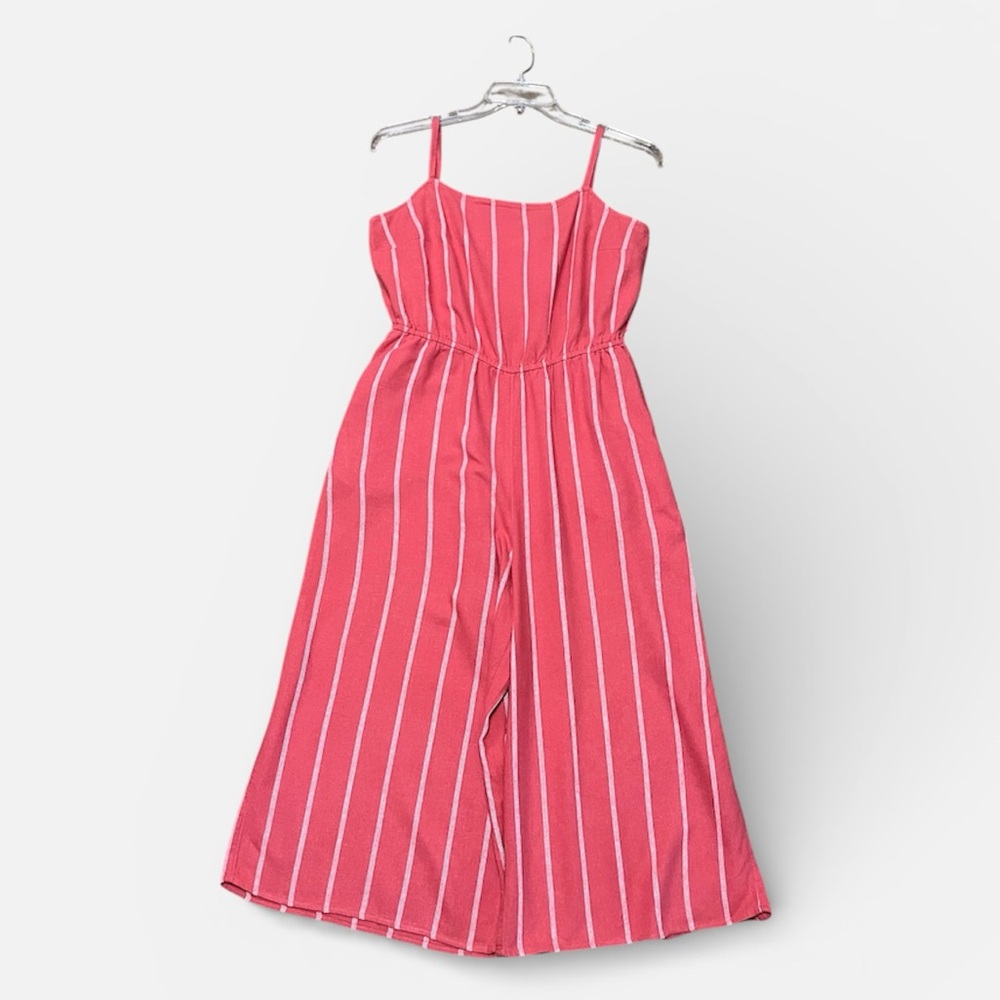 Gap Linen Blend Wide Leg Cropped Romper in Mineral Red White Stripe Sz L